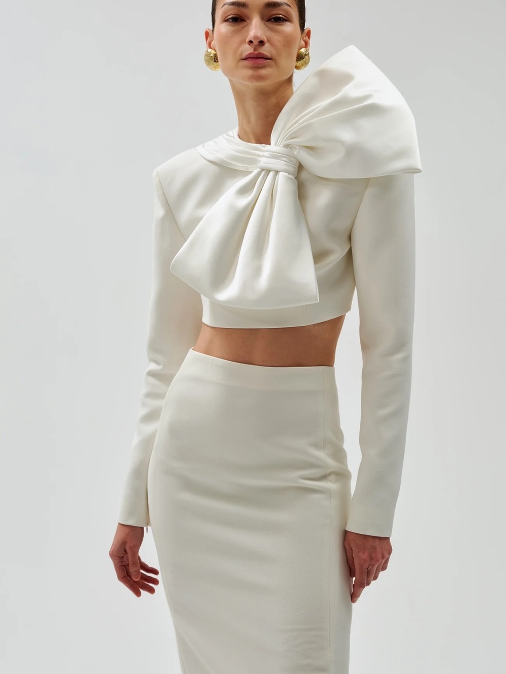 Ronny Kobo Arlet Ivory Sculpted Bow Crop Top
